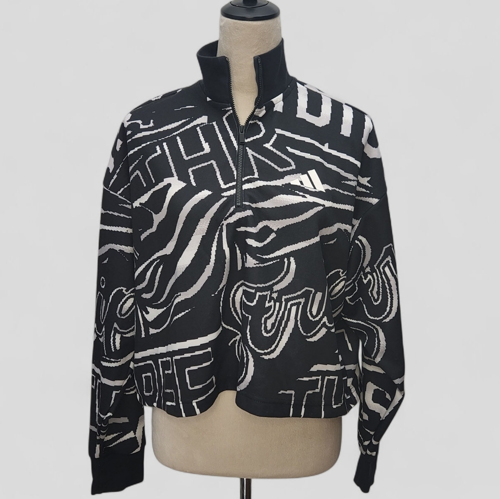 Adidas Allover Print Doubleknit Half-zip Sweatshirt Black White Oversized Sz S